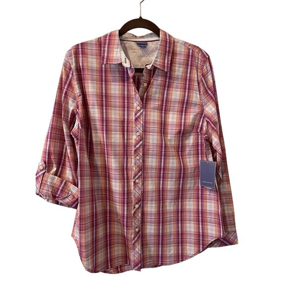 3 for $25-Laura Scott Womens Large Fushia Plaid Long Sleeve Blouse Roll Tab - Picture 1 of 8